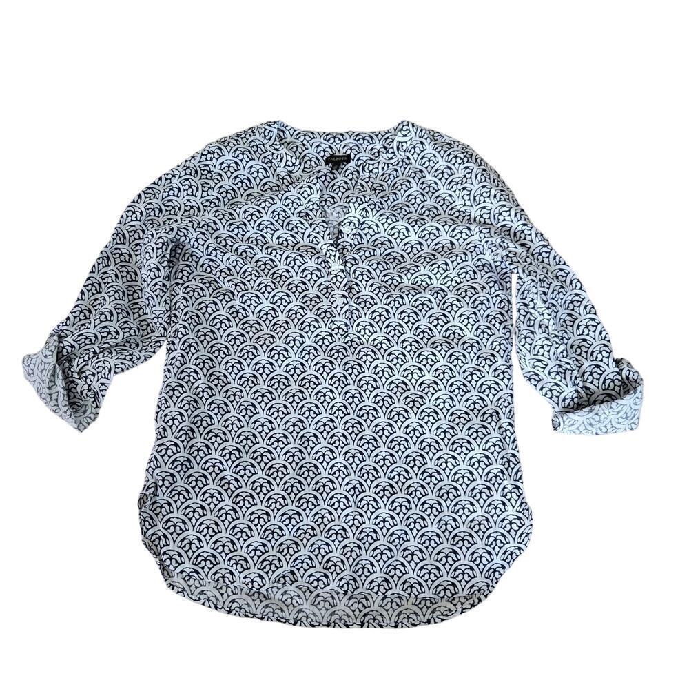 Talbots Linen Navy blue White Tile Pattern Tunic Top Rolled Sleeves Full Length